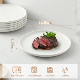 Jassceram 10.5 Inch White Dinner Plates Set of 6, Ceramic Round Plates for Kitchen or Restaurant, Salad Plates Modern Dish Set - Microwave, Oven and Dishwasher Safe, Scratch Resistant and Lead-free