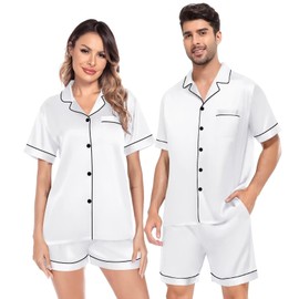 SWOMOG Satin Matching Pajamas Sets Couple Silk Button Down Nightwear Men & Women Short Sleeve Sleepwear 2 Pieces Loungewear White
