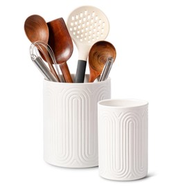 INSETLAN Ceramic Utensil Holder Set – 7.1" & 5.4" Kitchen Utensil Organizers for Countertop, Arch-Design Utensil Crocks for Farmhouse Decor & Kitchen Counter, Perfect Housewarming Gift