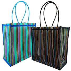 Pack Set of 2 Large Mexican Shoulder Market Bags Gusset Tote Bag in Assorted Colors Reusable Mesh Shopping Mercado Bags with Flat Bottom Bolsas de Mercado/Bolsas de Mandado con Asas Largas y Fuelle