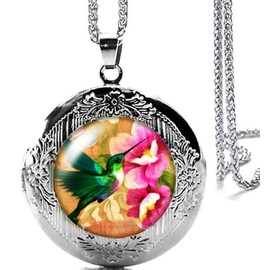 DianaL Boutique Silver Tone Hummingbird Locket Pendant Necklace Bird Fashion Jewelry with a Gift Box