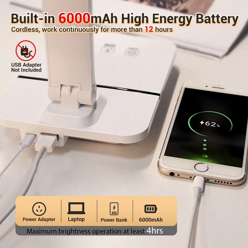 GcSige Cordless LED Desk Lamp for Home Office, 6000mAh Rechargeable