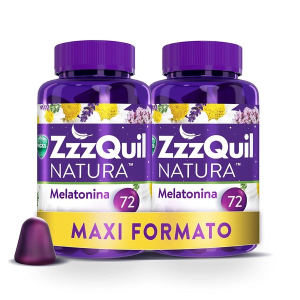 ZzzQuil Natura Melatonin Per Sleep Supplement with Pure Melatonin and Valerian, Chamomile and Lavender Extracts, Maxi Size 2 x 72 Gummy Tablets, Berry Flavour