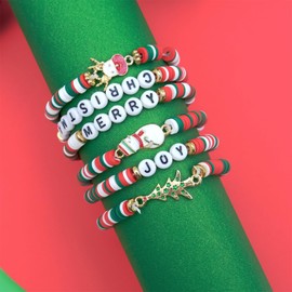 LsdgFriday Christmas Bracelets for Women 6Pcs Xmas Holiday Bracelet Joy & Merry Teens Christmas Gifts Layering Stretch Snowman Bracelets Set