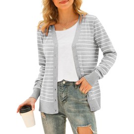 VIISHOW Women's Long Sleeve Button Down Lightweight Cardigans Ladies V Neck Knit Open Front Sweater, Striped Grey White, Small