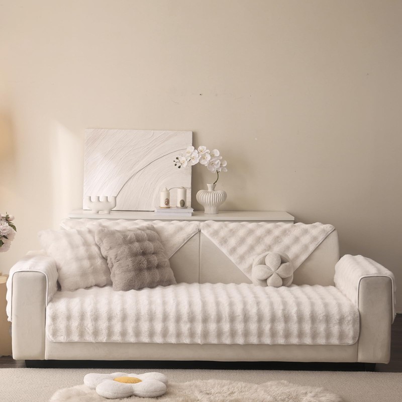 Aucrovee Soft Plush Faux Fur Couch Cover, Thick Warm Fuzzy