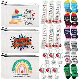 Paterr 24 Pcs Teacher Appreciation Gifts Set Thank You Teacher Gifts for Women Bulk Including Socks Makeup Bags Keychain Metal Bookmark for Graduation Birthday Teachers Day(Best Teacher Ever,Cotton)