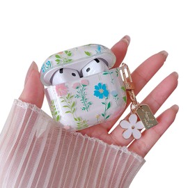 MINSCOSE Compatible with AirPods 4 Clear Case, Cute Colorful Floral Pattern Design with Flower Keychain, Soft TPU Protective Cover for AirPods 4th Generation for Women Girls-Green