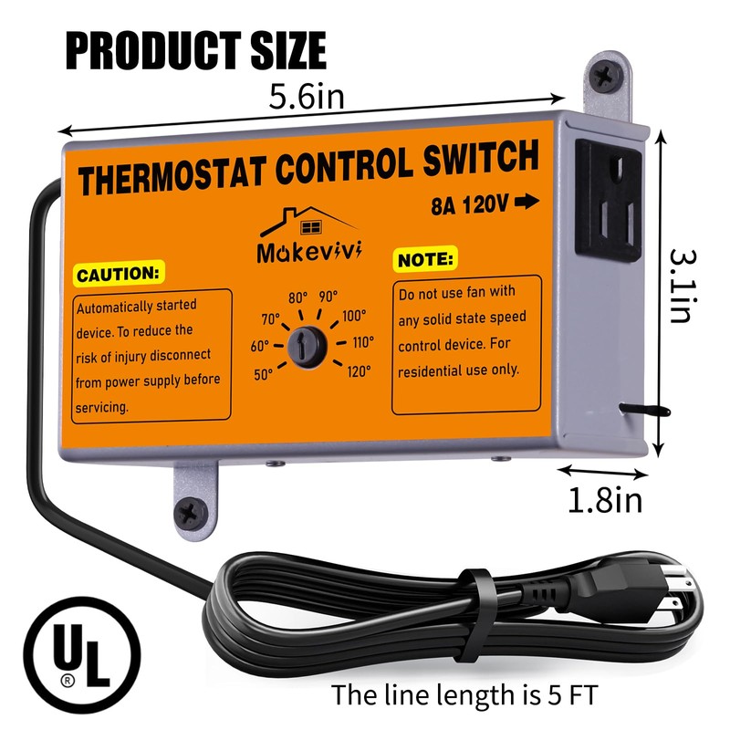Attic Fan Thermostat-Control, Adjustable Thermostat with Overload Protector, Temperature Controlled