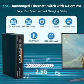 YuanLey 6 Port 2.5G PoE Switch Unmanaged, 4 x 2.5G Base-T PoE Ports, 2 x 10G SFP, IEEE802.3af/at, 78W, Compatible with 100/1000/2500Mbps, Metal Fanless, VLAN, Desktop/Wall Mount 2.5Gbe Network Switch