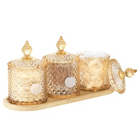 3Pack Qtip Holder Set with Bamboo Tray - 10oz Amber Glass Diamond-Facet Apothecary Jars with Lids - Bathroom Canisters for Cotton Swabs, Balls, Pads & Floss Picks - Vanity Storage Organizer