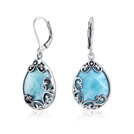Teardrop Scroll Ornate Filigree Natural Larimar Dangle Lever back Earrings 925 Sterling Silver