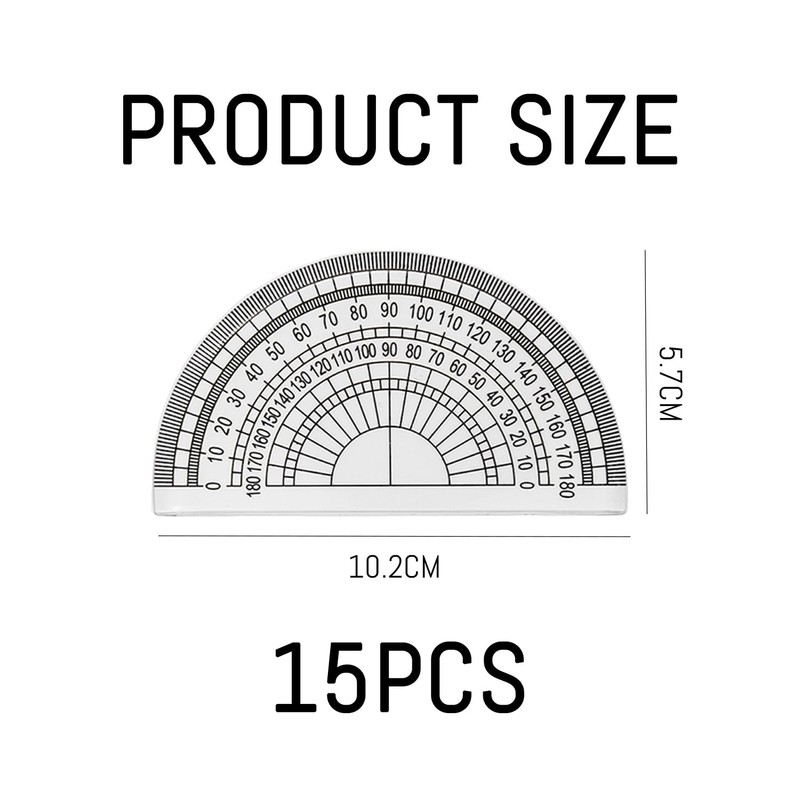 15-Piece Semicircular Protractor, Plastic Transparent Protractor, Student Painting Tools, 180-Degree