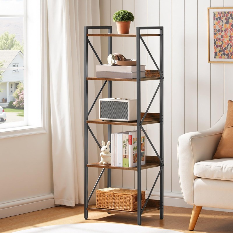 HOOBRO Bookshelf, 5-Tier Industrial Bookcase, Book Shelf Storage Organizer, Tall