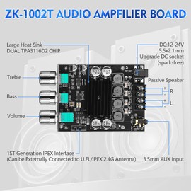ZK 1002T Bluetooth 5.0 Amplifier Board, 2x100 Watt amp with TPA3116D2 Chip, Stereo Amplifier 2.0 Channel with Treble and Bass Control BT and AUX Inputs for DIY Speaker Kit