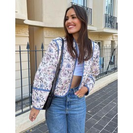 Wyeysyt Women's Cropped Puffer Quilted Jacket Cardigan Floral Printed Lightweight Long Sleeve Open Front Short Padded Coats(White-L)