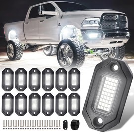 12 Pods Pure White Rock Lights for Trucks 6500K Super Bright, Aluminum Housing, Each Light with a 15FT Wire, IP68 Waterproof for Pickup Trucks SUV UTV ATV RZR Car Boats