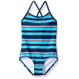 Kanu Surf Girls' Layla Beach Sport Banded 1 Piece Swimsuit, Bridget Navy/Aqua Stripe, 3T