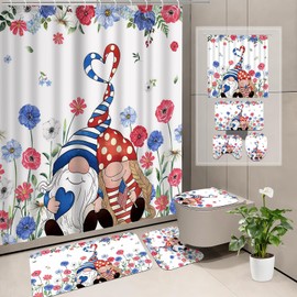 Aperturee 4th of July Shower Curtain Set 4-Piece, Patriotic Flag Stripes Red Blue Floral Bathroom Decor for Independence Day, Memorial Day, July 4th with Dwarf Star Motifs