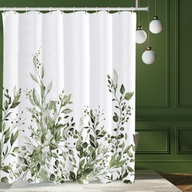 Tititex Olive Green Eucalyptus Shower Curtain Sets, Watercolor Leaves Plant with Floral Bathroom Decoration 71x71 Inch with Hooks