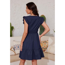 Jayscreate Women's Ruffle Sleeve Layered Dress Pockets Elastic Waist 2025 V Neck Above Knee Summer Casual Cute Dress Navy Blue