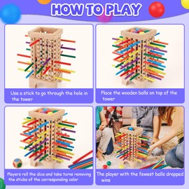 PQETBV Montessori Wooden Board Game, 42 Pieces, Colourful Wooden Sticks, Educational Toy, Family Game, Colourful Wooden Sticks, Dice Game, Children's Games, Travel Game from 3 4 5 6 Years