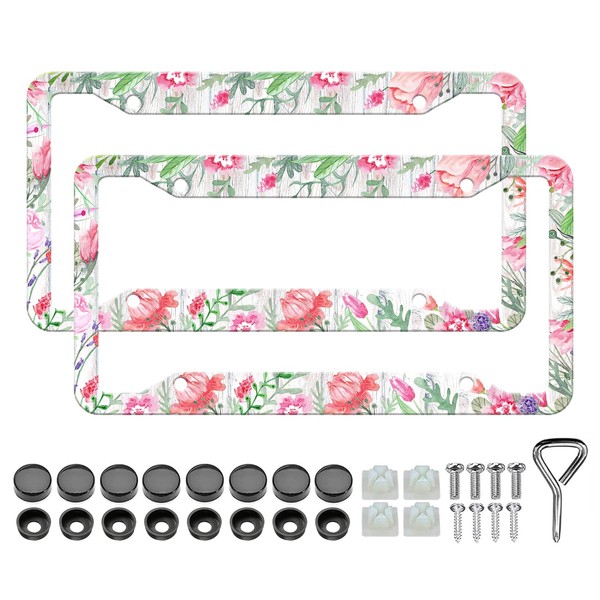 Wooden Board Flowers License Plate Frame - 2 PCS Cute