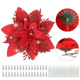 N&T NIETING 32Pcs Poinsettias Artificial Christmas Flowers, 5 inch Glitter Christmas Flowers Artificial for Decoration, Xmas Fake Flowers, Red