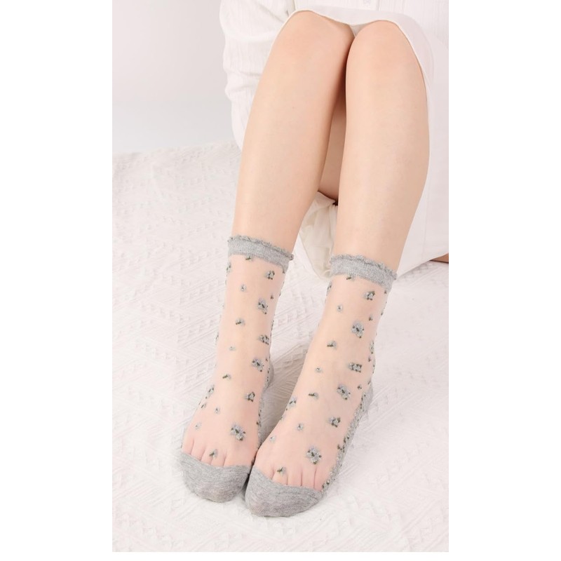 [Feiyda] 靴下 レディース シースルーソックス チュール 花柄靴下 レース 刺繍 透明 薄手