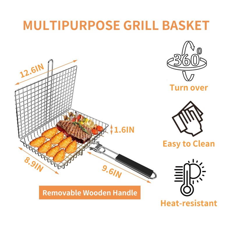 Barbecue BBQ Grill Basket with Handle Stainless Steel Grilling Basket