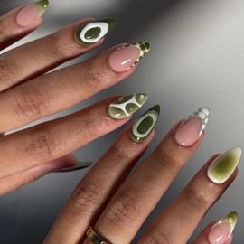 Green White Press on Nails Ombre Fake Nails French Tip Stick on Nails Alligator Print Glue on Nails Glossy Artificial Acrylic Full Cover Short Almond Stick on Nails for Women Manicure 24Pcs