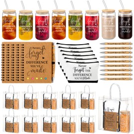 Yeyeplum 12 Sets Employee Appreciation Gifts Bulk Glass Cup Inspirational Makeup Bag Pen Notebook and Bag Inspirational Gifts for Back to School Teacher Volunteer Staff(Never Forget)