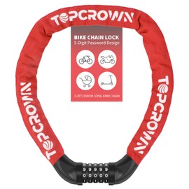 Topcrown Bike Lock 3 ft Long High Security Heavy Duty Anti Theft Bike Chain Lock, 5 Digit Combination Resettable Keyless Bicycle Lock for Bike/Electric Scooter/Ebike/Motorcycle (Red)
