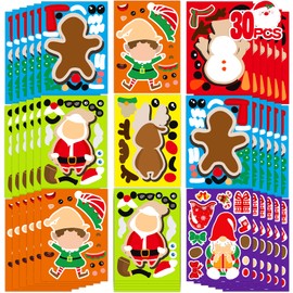 Funnlot 30 PCS Christmas Crafts for Kids Christmas Stickers Make a Face Stickers Christmas Snowman Stickers Santa Stickers Gingerbread Stickers Reindeer Stickers Xmas DIY Crafts Christmas Party Games