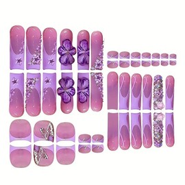 48Pcs Square Press on Nails Long + Press on Toenail,Qicaijia Purple French Tip Fake Nails Toe Nails with 3D Flower and Charms Design False Nails Press ons Ombre Full Cover Glue on nail for Women