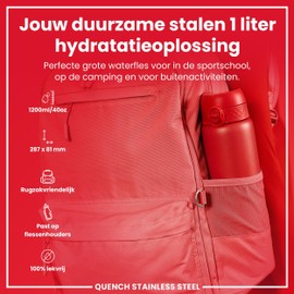 Ion8 Leak-Proof 1 Litre Water Bottle, Stainless Steel, Red, 1200 ml