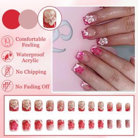 Pack of 24 French Press on Nails - Short Square False Nails - Pink White Flowers False Nails - Full Cover Artificial Nails Shiny Acrylic Fingernails for Sticking on for Women and Girls