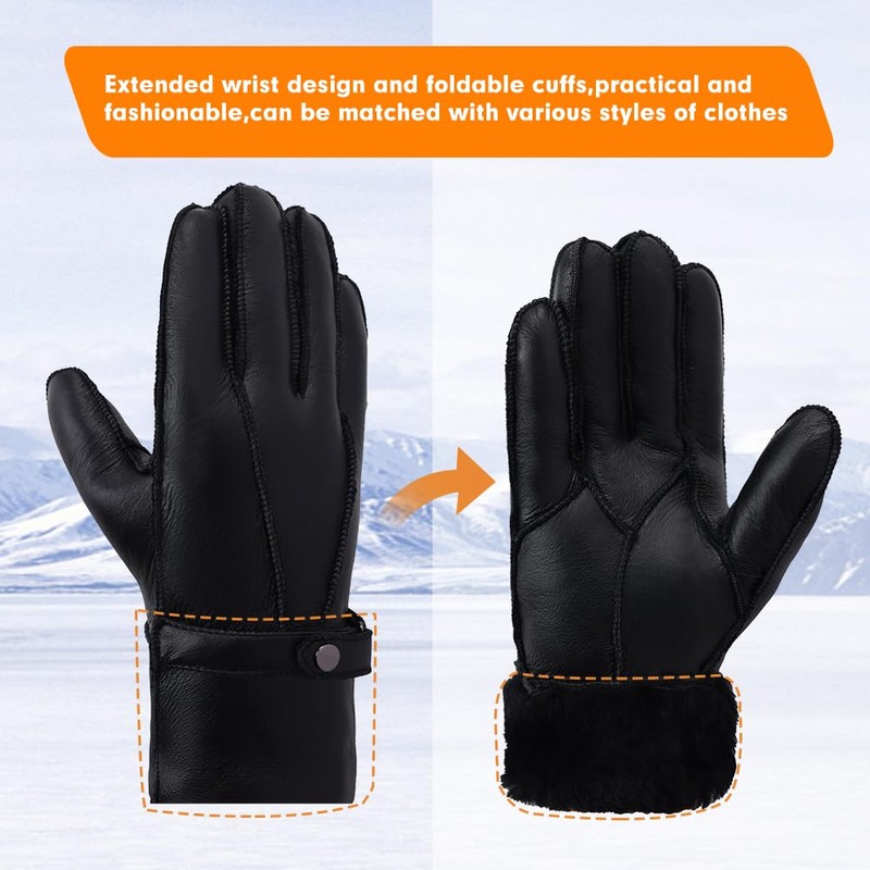 Men Shearling Gloves Winter Leather Gloves Shearling Sheepskin Gloves with