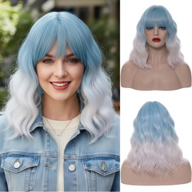 WGPFWIG Short Pastel Blue Ombre White Wig Short Curly Wavy Wig For Women With Bangs 14 Inch Shoulder Length Flat Bangs Wig For Women Cosplay Party Halloween Wig Cap (Pastel Blue Ombre White)