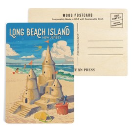 Long Beach Island, New Jersey, Painterly, Soak Up Summer, Sand Castle (4x6 Birch Wood Postcards, 2-Pack Stationary, Rustic Home Wall Decor)