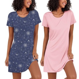 Ekouaer Night Dress Women uk Ladies Nightshirts Nighties for Women Short Sleeve Nightie Comfortable Sleepwear Cotton Nightdress, Star+Pink, L