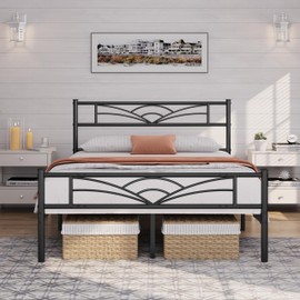 Topeakmart Full Size Bed Frame, Metal Platform Bed Frame with Cloud-Inspired Design Headboard, No Box Spring Needed, Sturdy Steel Slats, Under Bed Storage, Black
