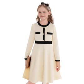 NIUSC Girls Sweater Fall Dress Long Sleeve Knit Button Color Block Winter Casual Party DressesApricot,5-6year