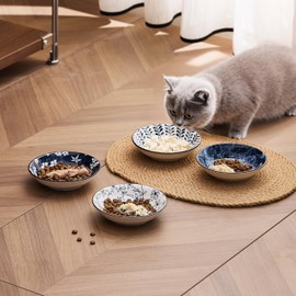 Swuut Ceramic Cat Bowls Set of 4, Vintage Blue and White Pet Dog Bowl for Food & Water, 5.5 in Small Kitten Wide Shallow Dishes for Indoor Cats