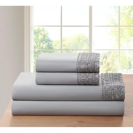 4-Piece Lace Crochet Embroidery Bamboo Bed Sheets Set Queen Size | Casual Silky Soft Luxury Bedding Sets Silver Grey Solid Color Pattern | Deep Pocket Durable Elastic Fitted Thick Machine Washable