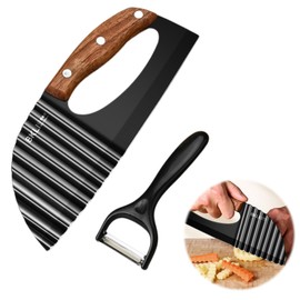 Crinkle Cutter Knife for Vegetables and Fruits – Stainless Steel Wavy Blade for Pickles, Potatoes, and Cucumbers – Kitchen Tool for Crinkle-Cut Fries, Chips, and Veggie Slices (【A+Peeler】)