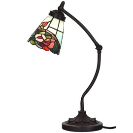 Bieye L10759 Rose Flower Tiffany Style Stained Glass Rocker Arm Desk Lamp Night Light with 5 inch Wide Lampshade for Working Reading Table, Green Red, 19 inch Tall