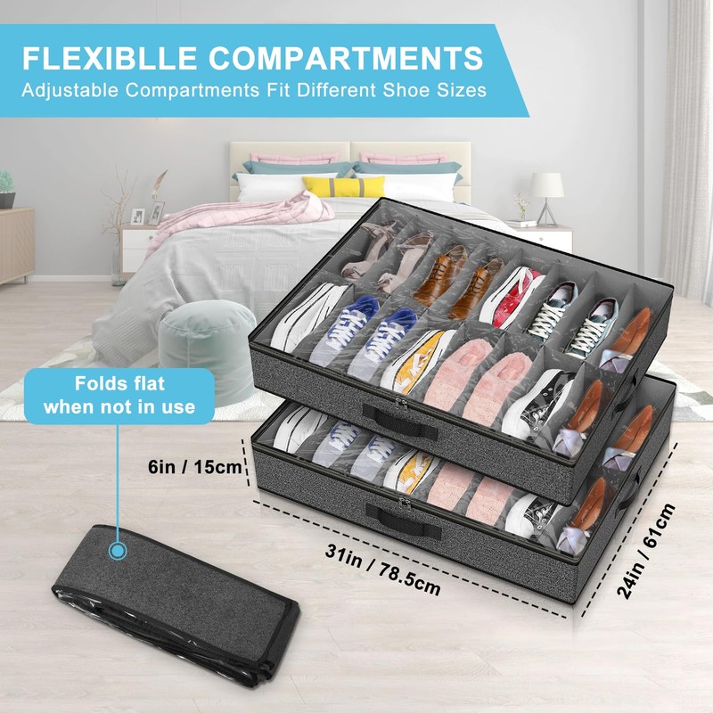 Under Bed Shoe Storage Organizer for Closet, Fits 32 Pairs