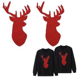 Sequin Deer Patches Christmas Iron On Appliques 2 PCS Red Reindeer Xmas Elk Head Sew On Fabric Embroidery Sticker DIY Decoration for Tops, Christmas Costume, Pajamas, Jackets, Coats