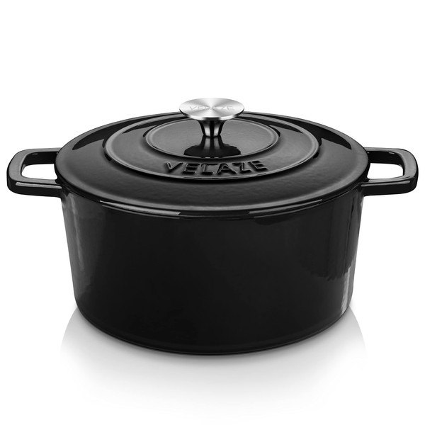 Velaze 6 QT Enameled Cast Iron Dutch Oven, Dual Handles Dutch Oven Pot with Lid,Heavy-Duty Non-stick Round Dutch Oven for Bread Baking, Stewing, Roasting, Good Sealing for All Heat Source (BLACK)